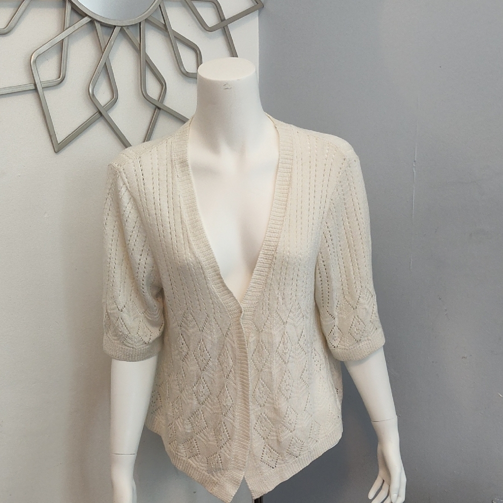 Robbie Bee Cream Cardigan with Textured Knit and V-Neck 24" Pit to Pit 231/2" L.